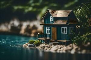 un miniatura casa en un pequeño isla por el agua. generado por ai foto