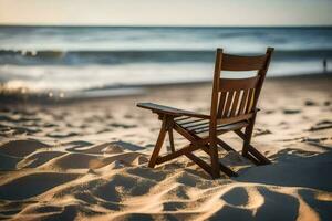 un silla se sienta en el arena a el playa. generado por ai foto