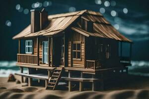 a miniature wooden house on the beach. AI-Generated photo