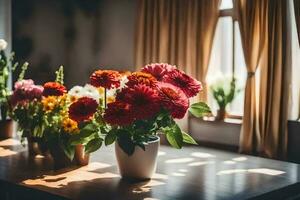 flores en floreros en un mesa en frente de un ventana. generado por ai foto