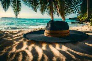 a hat on the beach with palm trees. AI-Generated photo