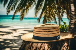 a straw hat on a palm tree on the beach. AI-Generated photo