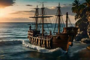 un pirata Embarcacion es navegación en el Oceano a puesta de sol. generado por ai foto