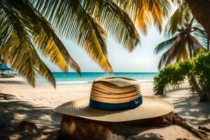 a straw hat on a palm tree on the beach. AI-Generated photo