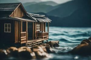 a miniature house on the water in front of mountains. AI-Generated photo