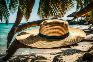 a straw hat sits on a palm tree branch on a beach. AI-Generated photo