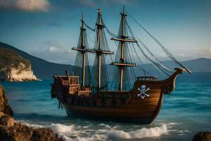 a pirate ship is sailing on the ocean. AI-Generated photo