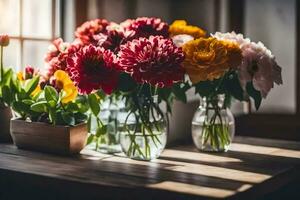 flores en floreros en un mesa. generado por ai foto