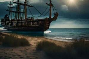 a pirate ship on the beach. AI-Generated photo