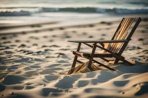 un de madera silla se sienta en el playa cerca el océano. generado por ai foto