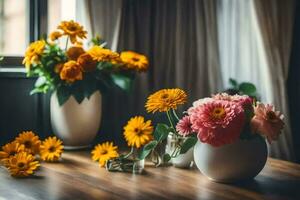 flores en floreros en un mesa. generado por ai foto