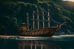 a wooden ship in the ocean near a mountain. AI-Generated photo