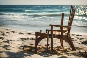 un de madera silla se sienta en el playa cerca el océano. generado por ai foto