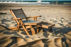 a wooden chair sits on the sand near the ocean. AI-Generated photo