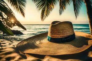 un sombrero se sienta en el arena cerca el océano. generado por ai foto