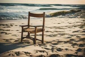 a wooden chair sits on the beach at sunset. AI-Generated photo