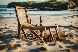 a chair sits on the beach near the ocean. AI-Generated photo