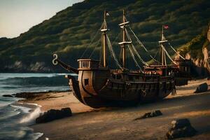 a pirate ship on the beach. AI-Generated photo