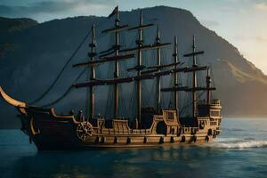 a pirate ship in the ocean at sunset. AI-Generated photo