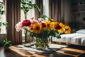 un florero de flores en un mesa en frente de un ventana. generado por ai foto