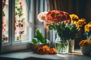 flowers in vases on a windowsill. AI-Generated photo