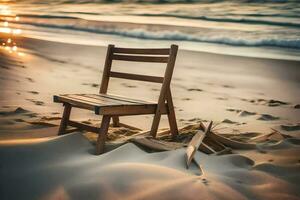 a wooden chair sits on the sand at sunset. AI-Generated photo