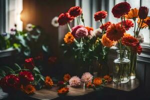 flowers in vases on a table in front of a window. AI-Generated photo