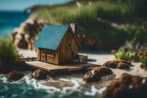 a miniature house on the beach by the ocean. AI-Generated photo