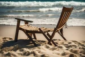 un de madera silla se sienta en el playa cerca el océano. generado por ai foto