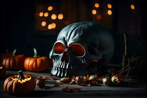 a halloween skull with a candle and pumpkins. AI-Generated photo