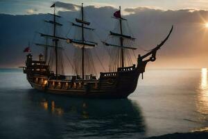 a pirate ship is sailing in the ocean at sunset. AI-Generated photo