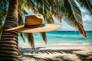 a hat hanging from a palm tree on a beach. AI-Generated photo