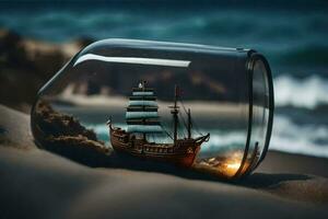 a ship in a bottle on the beach. AI-Generated photo