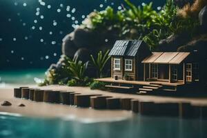 a miniature house on a small island in the ocean. AI-Generated photo