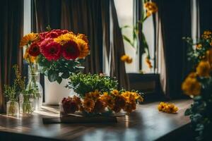 flowers in vases on a table near a window. AI-Generated photo