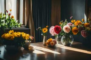 flowers in vases on a table. AI-Generated photo