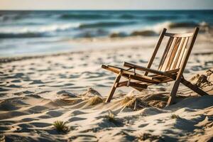 a wooden chair sits on the beach near the ocean. AI-Generated photo