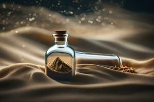 a bottle with sand and a starfish on top. AI-Generated photo