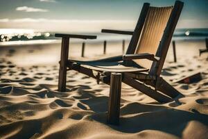 un de madera silla se sienta en el playa cerca el océano. generado por ai foto