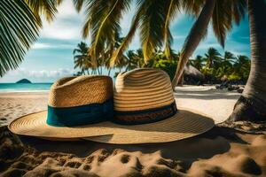 two straw hats on the beach. AI-Generated photo