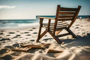 un de madera silla se sienta en el playa con arena. generado por ai foto