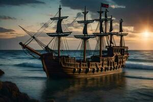 a pirate ship is in the ocean at sunset. AI-Generated photo