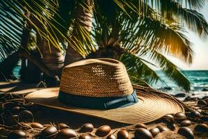 un Paja sombrero en el playa. generado por ai foto