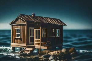 a miniature house on the rocks by the ocean. AI-Generated photo