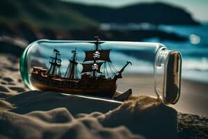 a ship in a bottle on the beach. AI-Generated photo