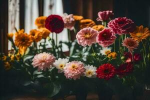 flowers in a vase on a table. AI-Generated photo