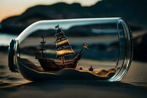 a ship in a bottle on the beach. AI-Generated photo