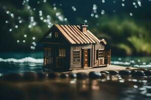 un miniatura casa en el apuntalar de un lago. generado por ai foto