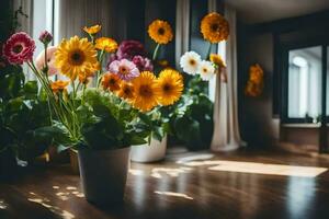 un florero de flores en un de madera piso. generado por ai foto