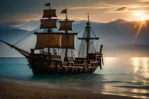 a pirate ship is sailing on the ocean at sunset. AI-Generated photo